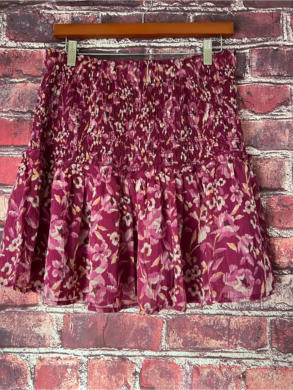 AQUA Smocked Floral Print Flounce Mini Skirt L